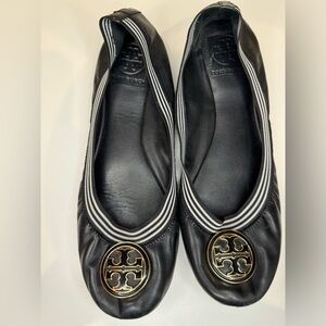 Tory Burch Carolina Leather Ballet Flats Black with White Stripes Women’s Size 9